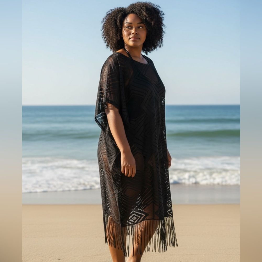 Nwt Kendall & James Black Fringe Beach Cover-Up | Cruise Resort Wear